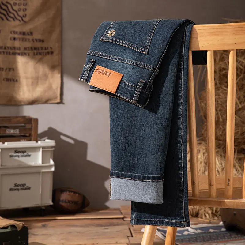 2025 Autumn Winter New High-end High-quality Denim Double-core Cotton Elastic Jeans Retro Nostalgic Men's Straight-fit Trousers