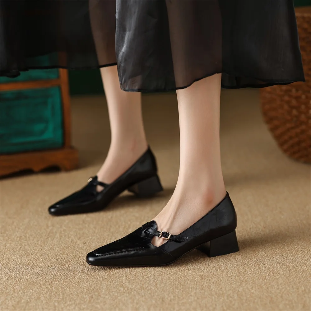 Taoffen Casual Women\'s Loafers Genuine Leather Square Heel Pumps Retro Roman Pointed toe Buckle Strap Office & Career Lady Shoes