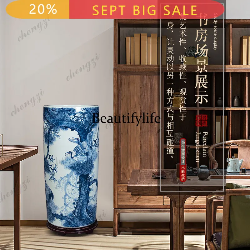 N178 Jingdezhen ceramic Chinese hand-painted large painting and calligraphy scroll cylinder vase living room study floor ornamen