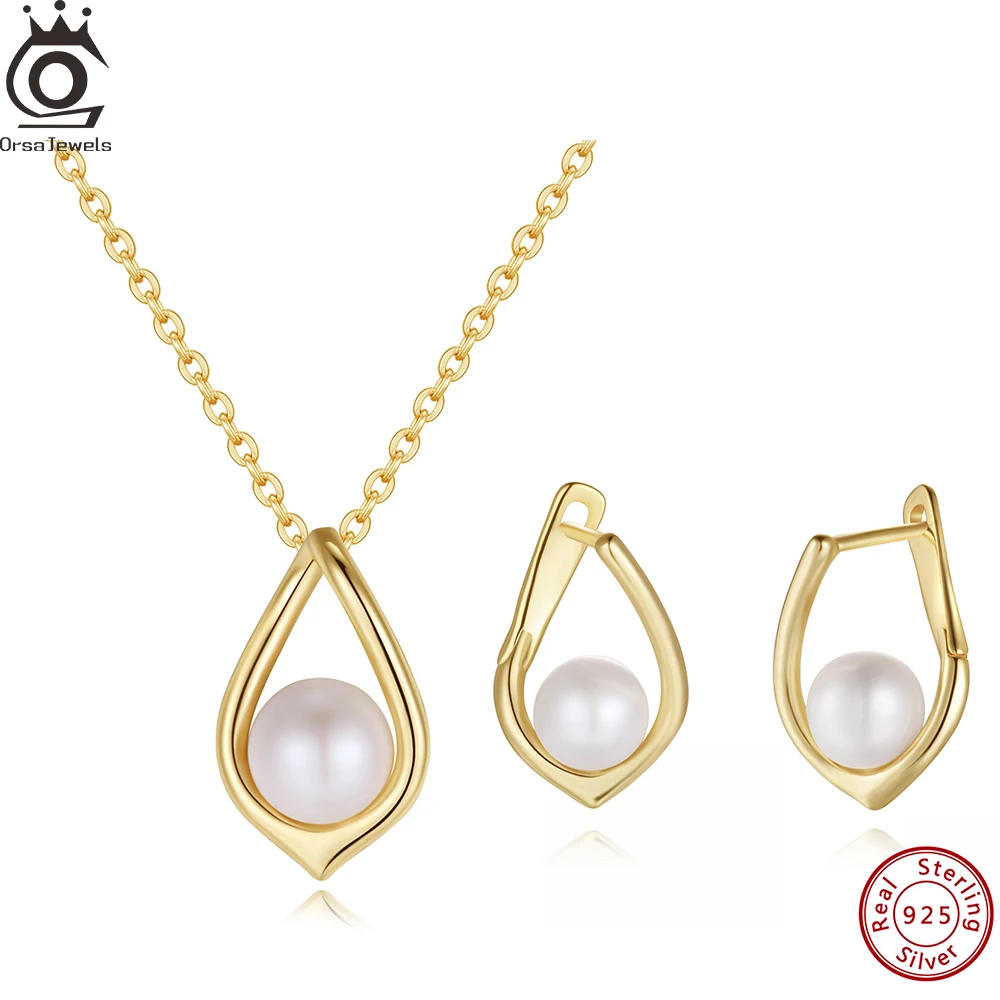 

ORSA JEWELS, серебро 925 пробы, модный кулон с пресноводным жемчугом, комплект ювелирных изделий, позолоченное ожерелье 14 карат, серьги, подарки для свадебной вечеринки GPE68