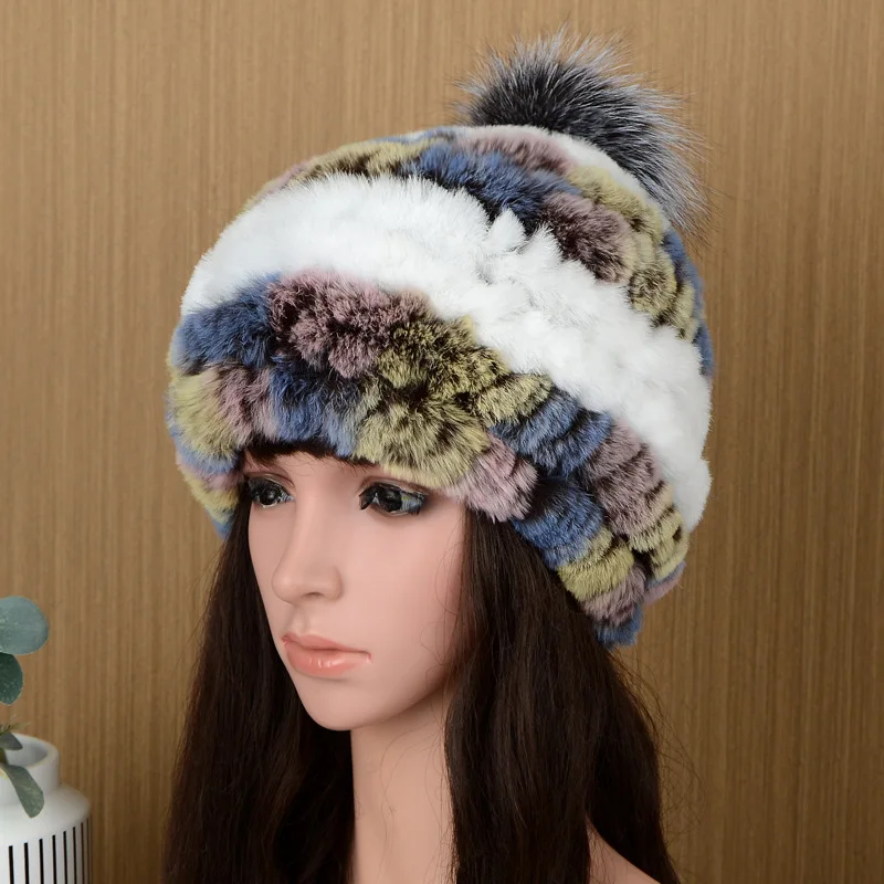 

Hot Sale Women Winter Rex Rabbit Fur Hat Knitted Fur Hats Fashion Warm Female Real Fox Fur Pompom Ball Caps Rex Rabbit Fur