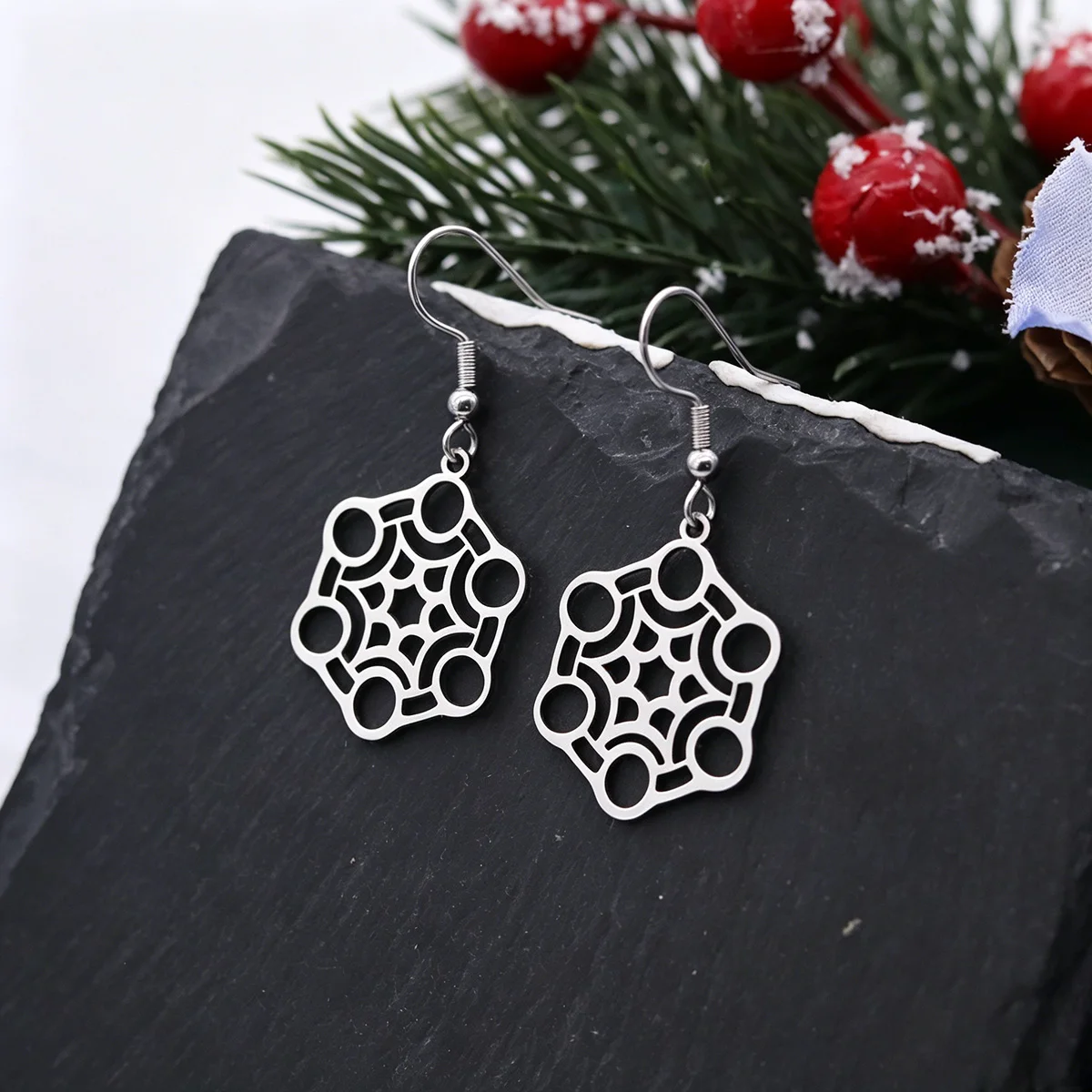 Kinitial Stainless Steel Hexagon Mandala Sacred Geometric Dangle Hook Earrings Abstract Hollow Line Drop Earrings Gift For Women
