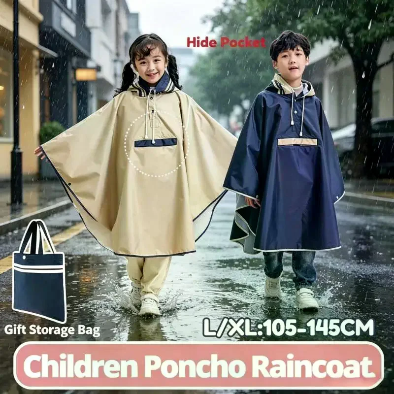 Kids Cape-style Poncho Raincoat Thickened Cloak With Backpack Compartment For Riding Bikes