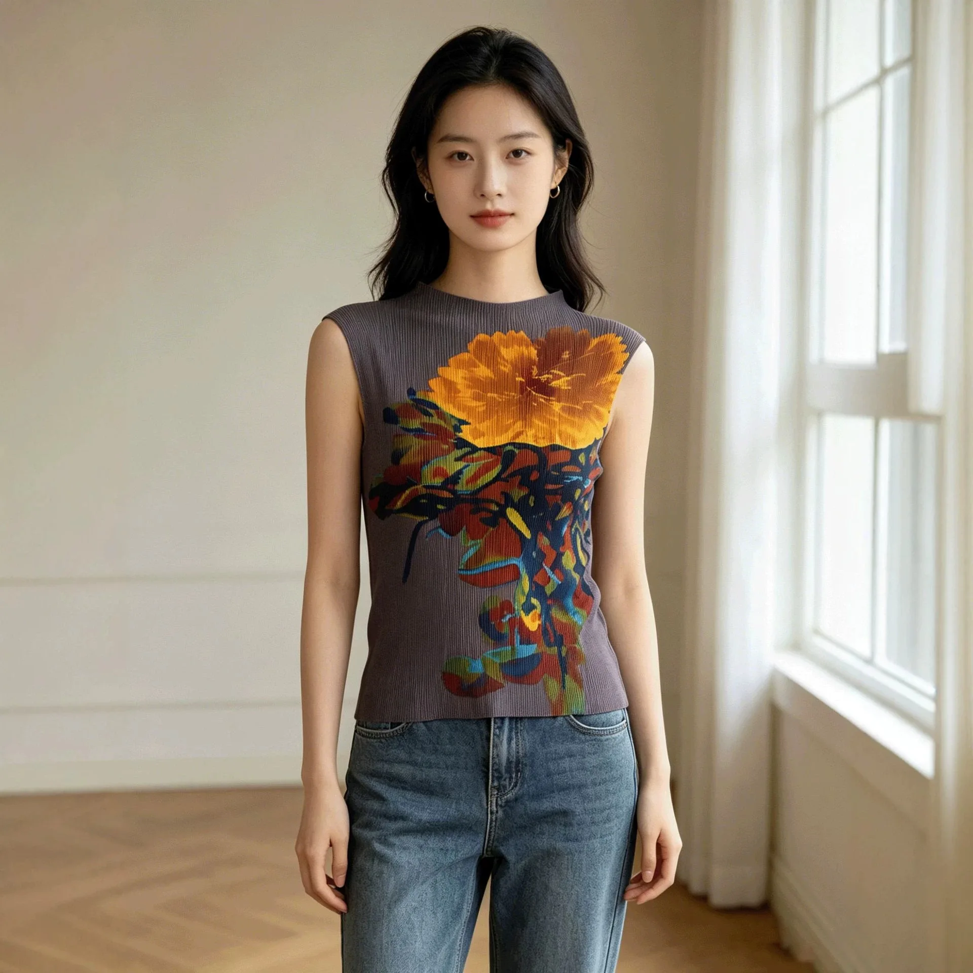 Miyake Pleated Printed Sleeveless T-shirt for Women, Retro Oil Painting, Chinese Style, Half-high Collar, Inner and Outer Vest