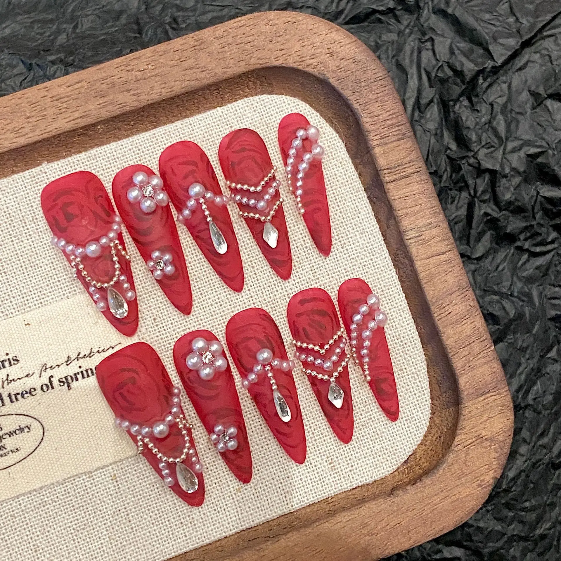 10pcs Handmade Luxury Wedding False Nails Red Long Stiletto Chinese Retro Gold Decorations Press On Nails Charming Fake Nail