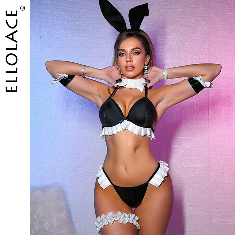 Ellolace Cosplay Women's Lingerie Sets Leather Fantasy Cute Bunny Bra Thong 2PC with Tempted Accessories Sissy Playful Costume