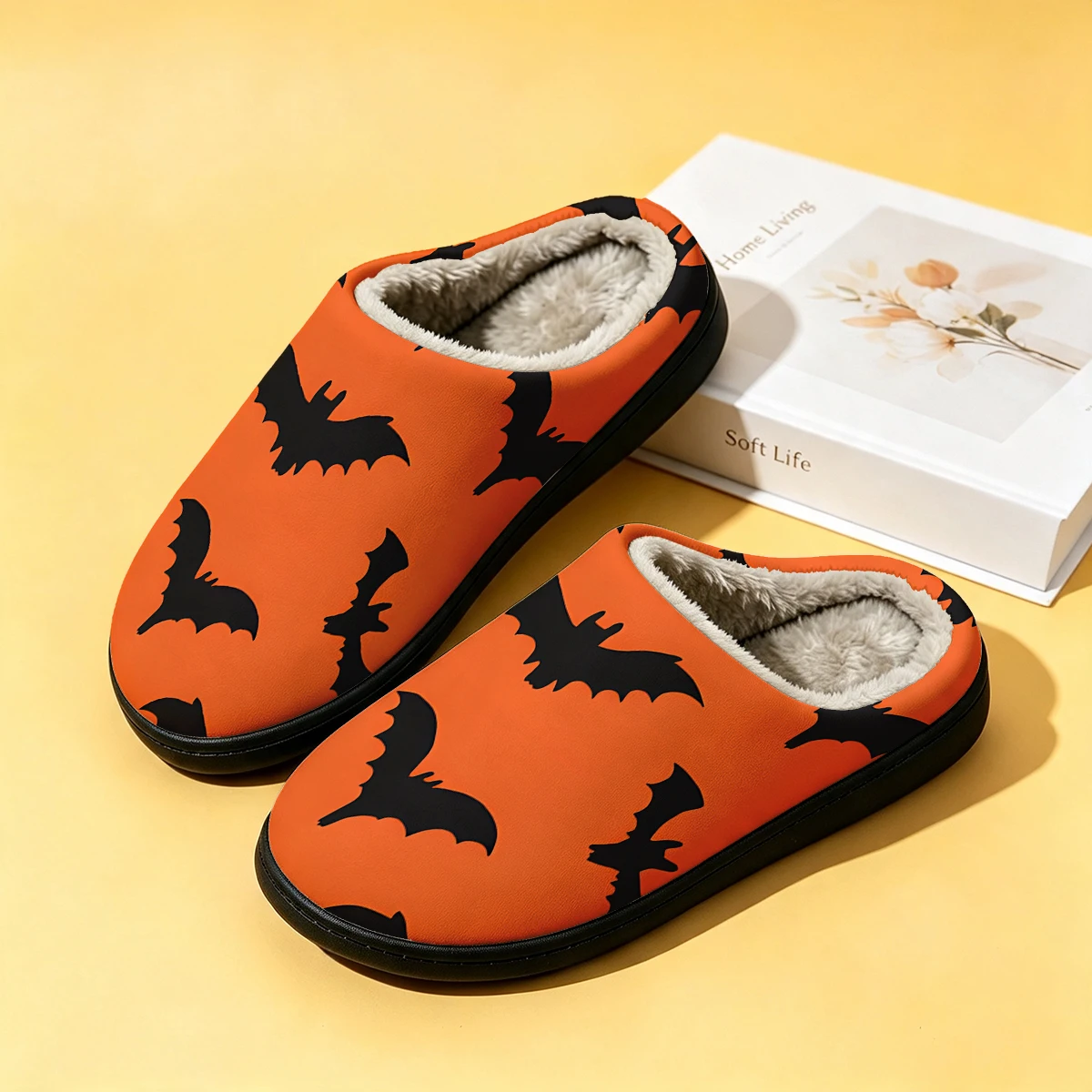 Men Shoes Winter - オレンジ色のコウモリ耳付き女性用冬用高級コットンスリッパ、室内用ホームプラッシュ暖かいスリッパ、カップルスリッパ、男性用秋用スリッパ