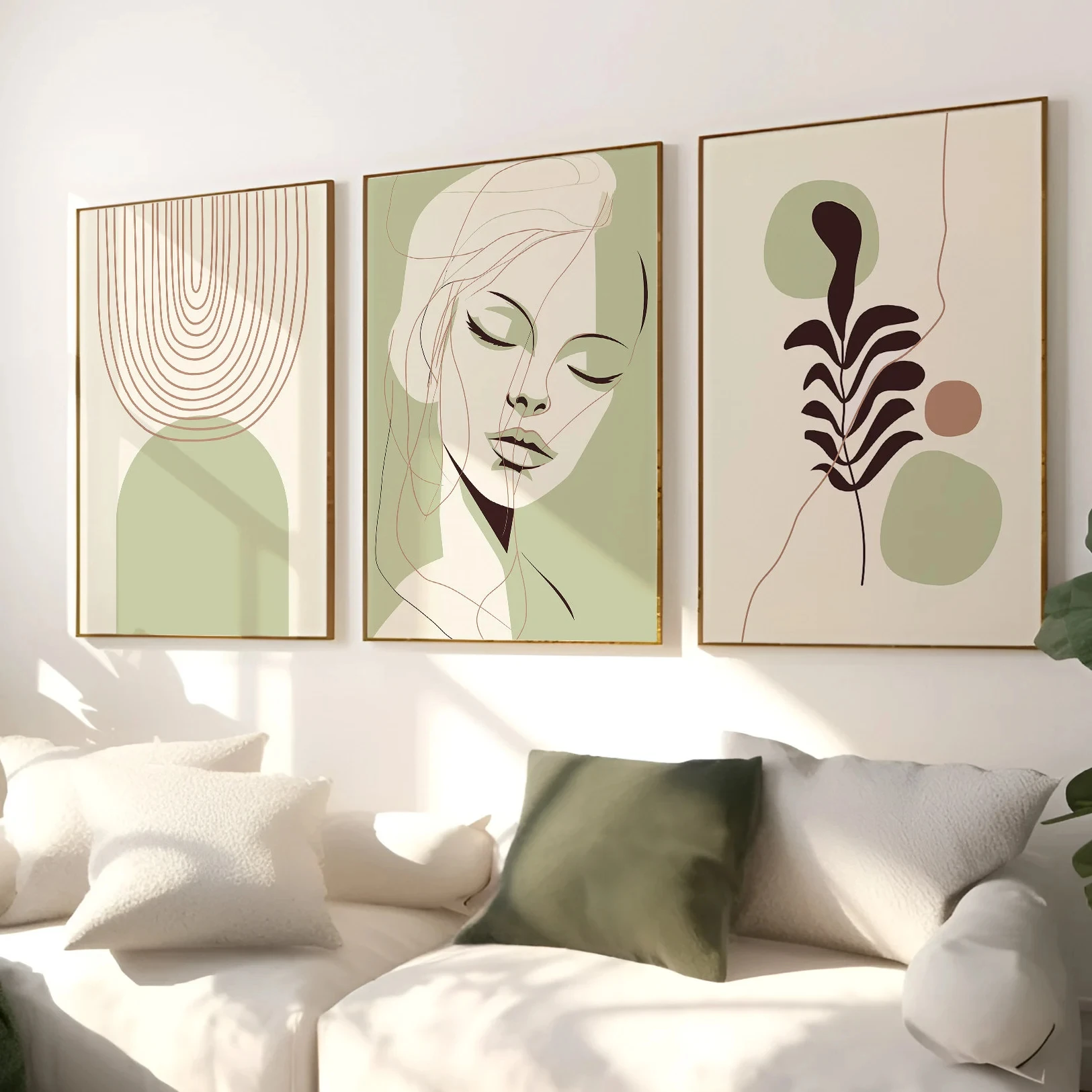 3PC Sage Green Boho Wall Art Minimalist Line Face, Abstract Arch & Botanical Print, Neutral Modern Decor for Living Room