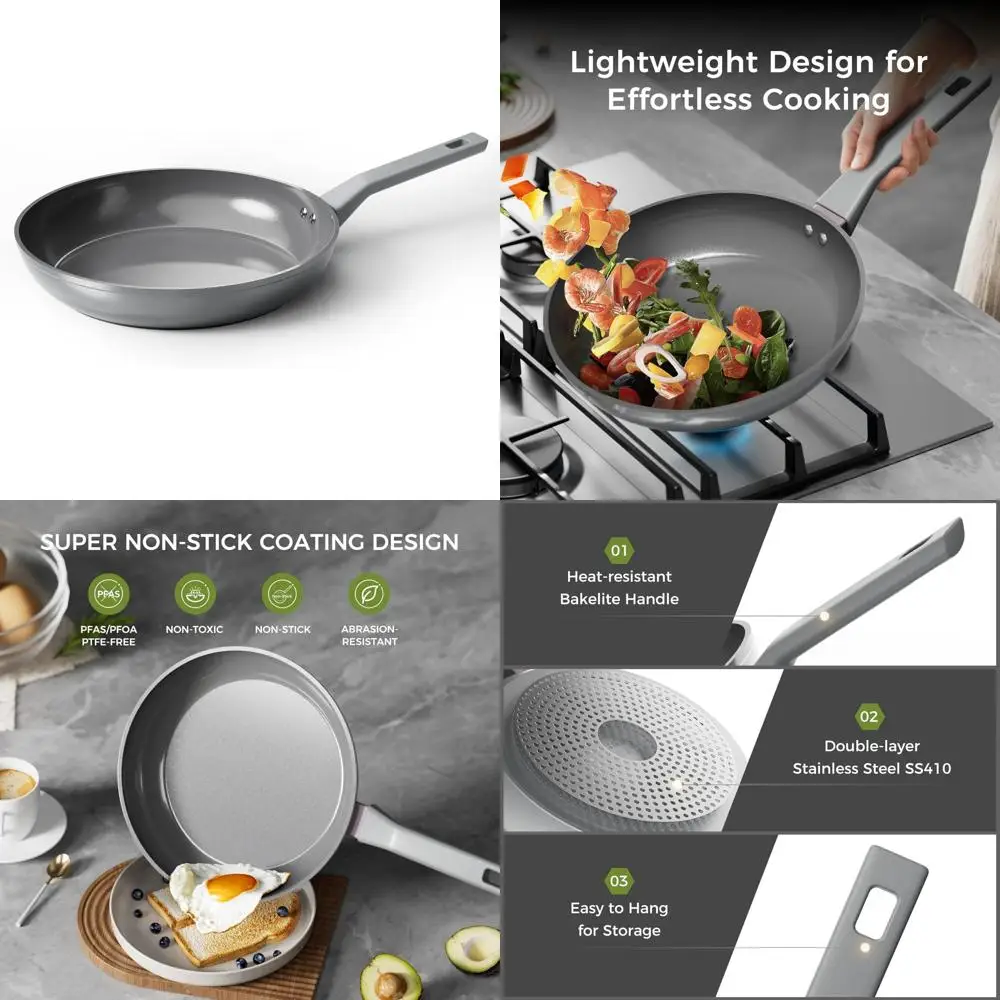 

12-дюймовая сковорода с антипригарным покрытием, керамическим покрытием, без PFOA и PFAS, индукционная посуда с крутой ручкой для здорового холода