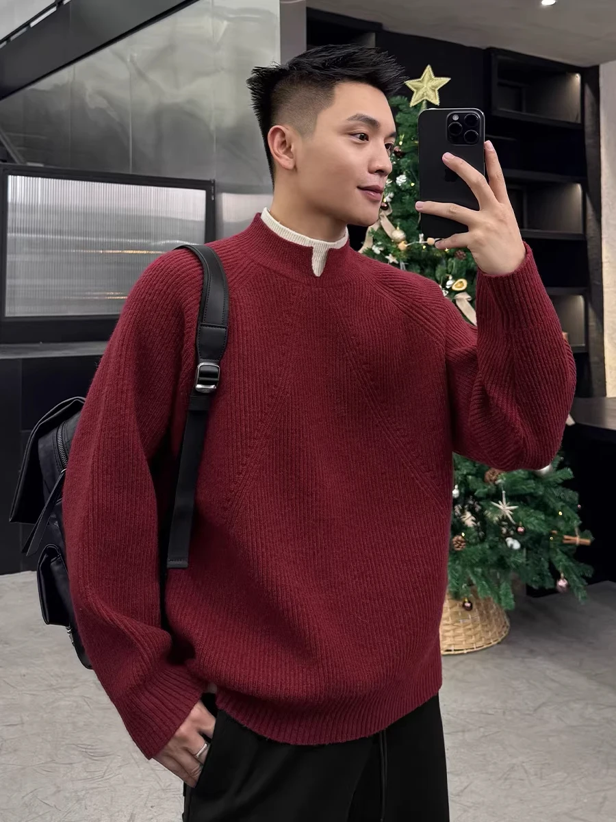 

New Year Red High Ne Knitted Sweater Men's Winter New Sle Splicing Color Blo Fake Two-Piece Comfortable Soft Long Sve