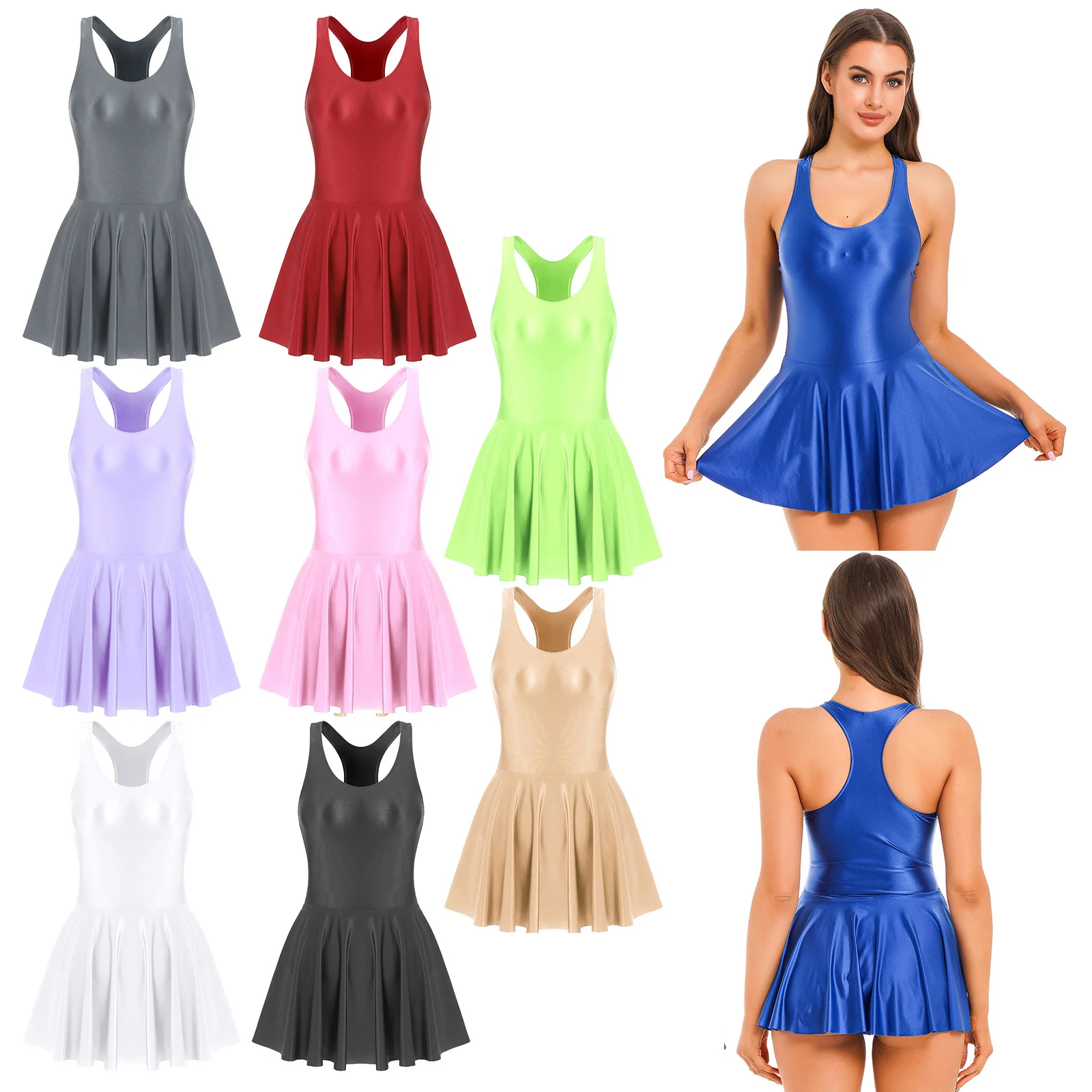 Womens Glossy Swimsuit Tank Dress One-Piece Sleeveless Solid Leotard Dresses for Sports Yoga Ballet Dance Swimming Clothes