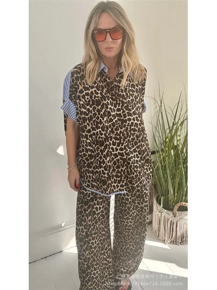 

Fashion Lapel Short-sleeved Single-breasted Shirt Top + Pants 2-piece Set Women Leopard Splicing Blue Stripe Loose Suit Female