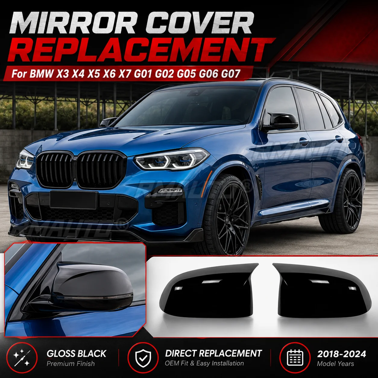 Gloss Black Horn Style Mirror Cover Replacement For BMW X3 X4 X5 X6 X7 G01 G02 G05 G06 G07 2018-2024 Car Accessories