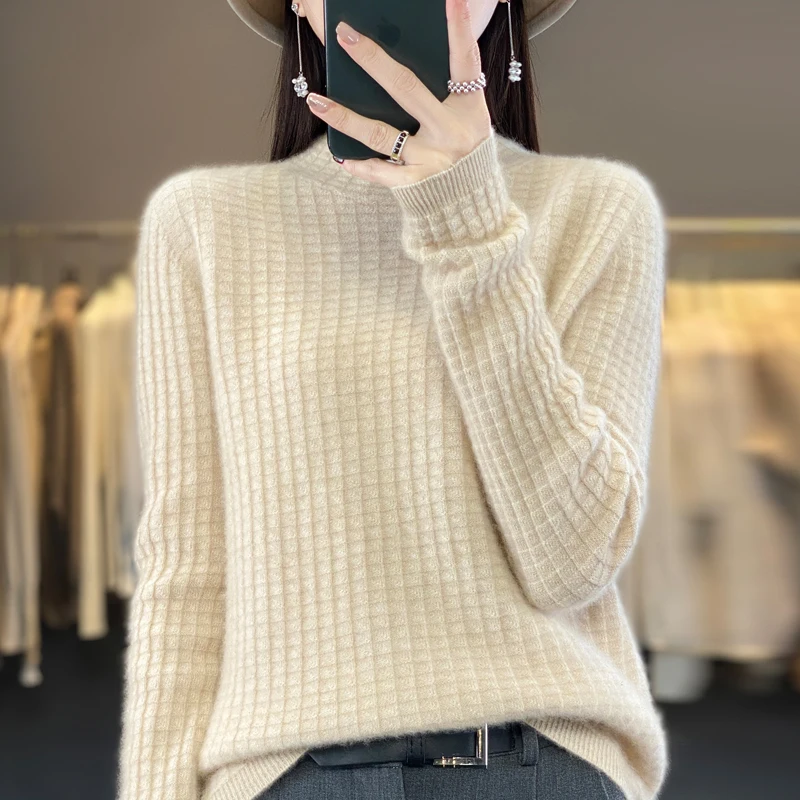 New women's sweaters in autumn and winter cashmere knitting 100% pure merino wool solid color semi-turtle neck coat.