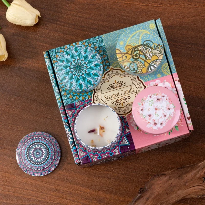 4Pcs/Box Romantic Scented Soy Jar Candles, Smokeless Long Lasting Candle with Crystal Stone & Dried Flower