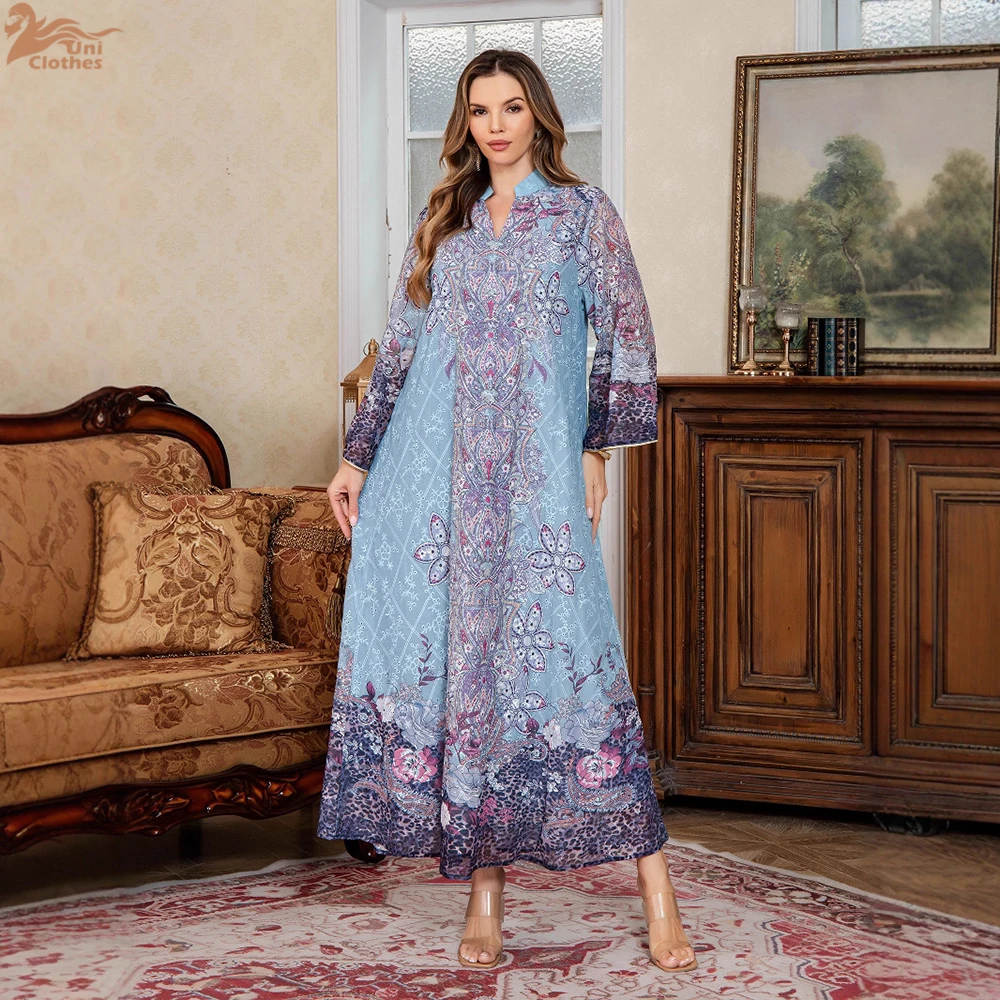 

Uni Luxury Woman Evening Dress Dubai Kaftans Floral Print Maxi Abaya Muslim Elegant Women Evening Dresses