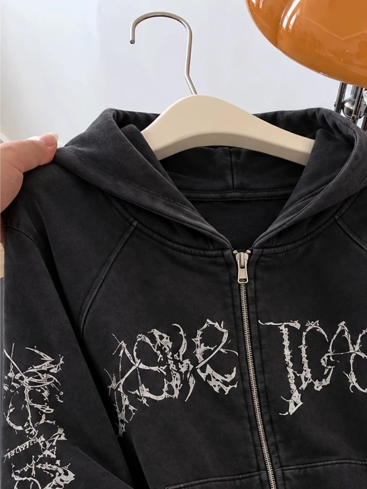 Jacket Women Urban Streetwear Zip Black Grey Distressed Hooded Multi Position Personality Letter Print Trendy Chic Cardigan