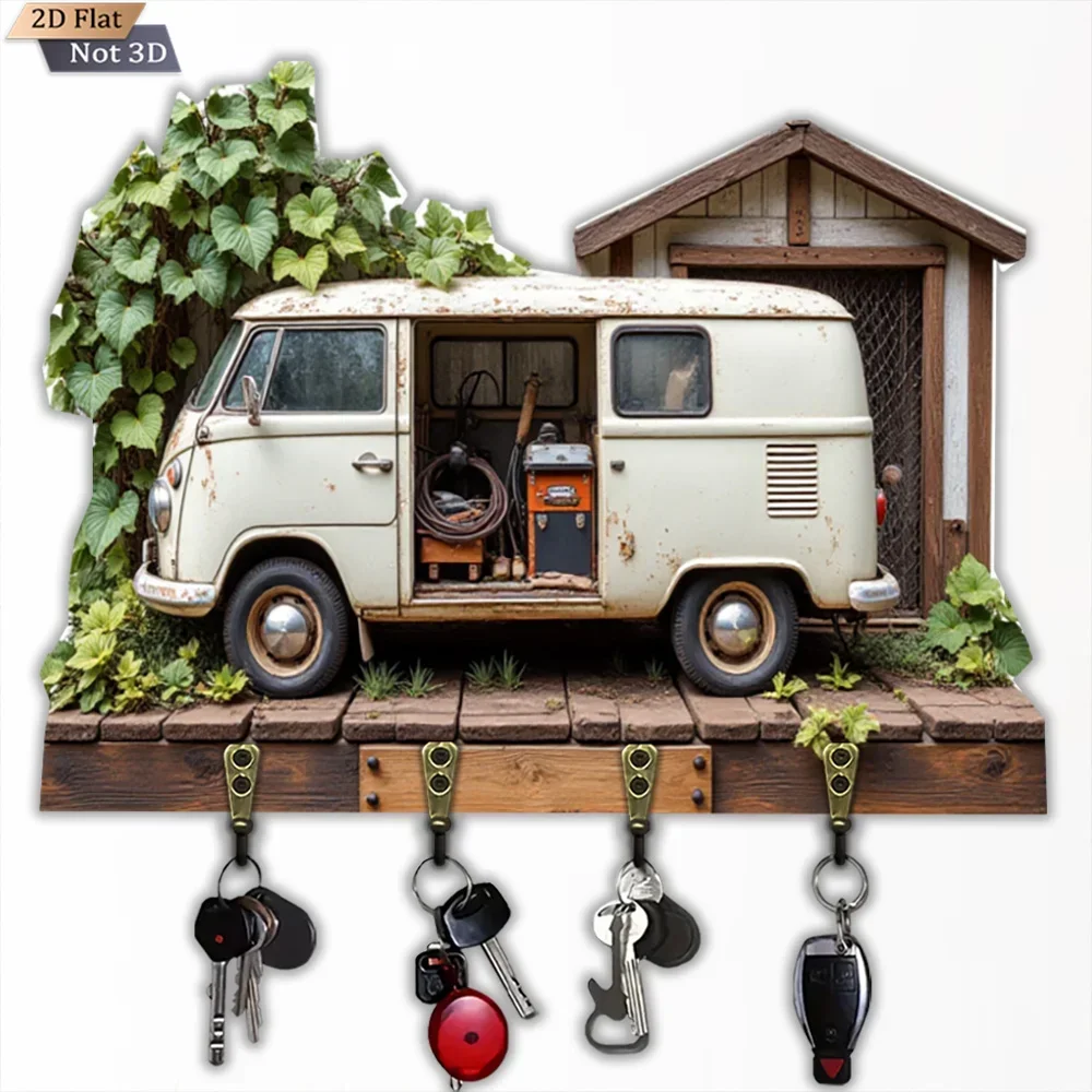2D Flat, 1pc, Retro Van - Shaped Key Hook, Wooden Multifunctional Home Key Hook, with Four Metal Hooks, Wall Decor, Porch