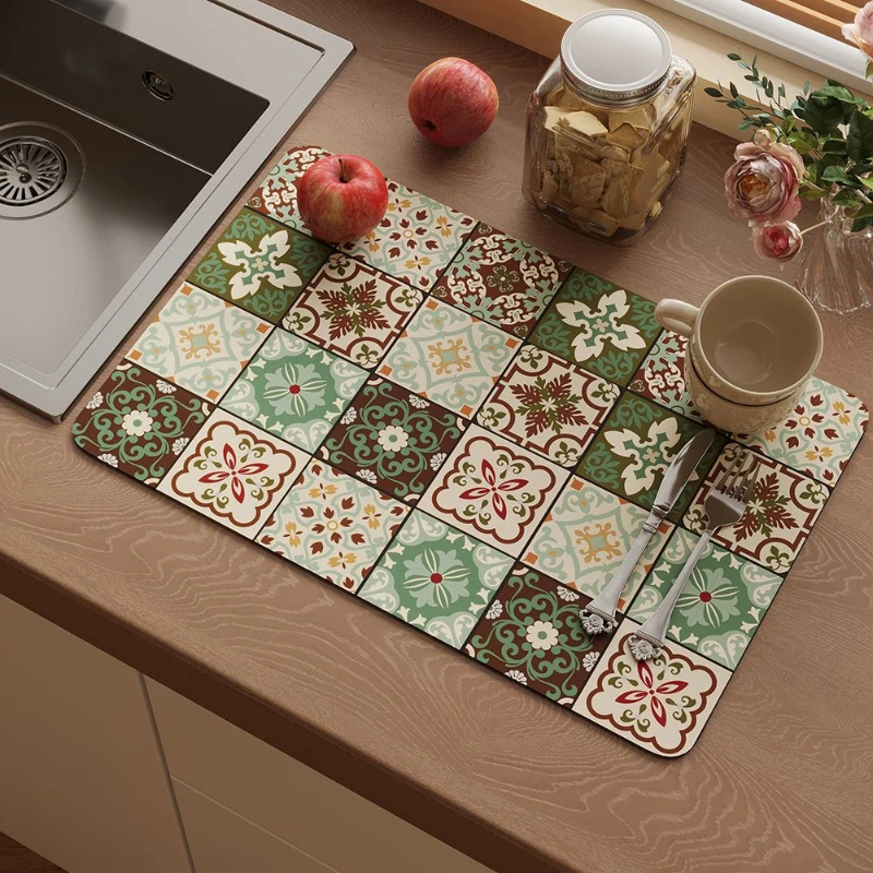 VIKAMA Kitchen Drain Mat Green Peony Floral Print Kitchen Counter Mat Highly Absorbent Fast Drying Anti Skid Flexible Decorative