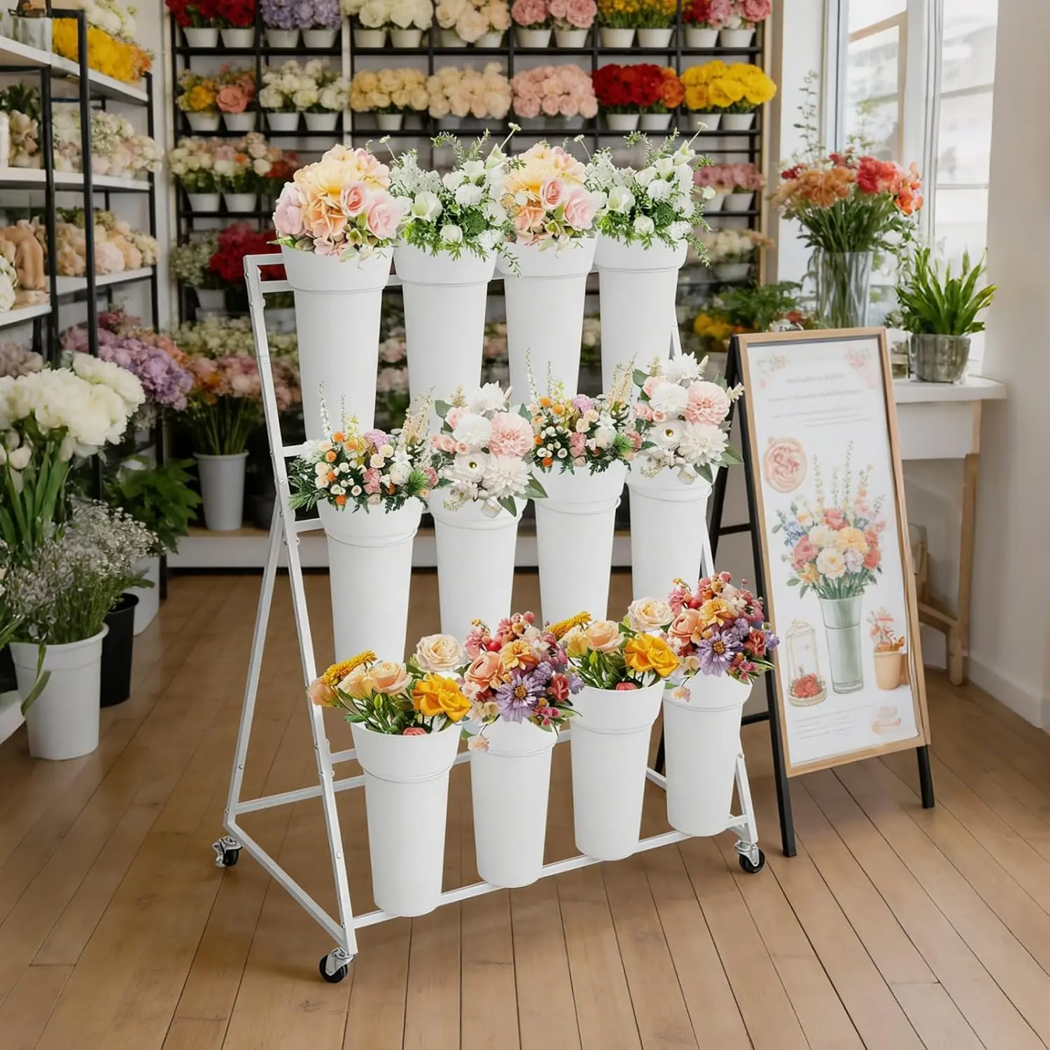 Tacleekii 3-Tier White Metal Flower Display Stand with 12 Removable Waterproof Buckets, Rolling Plant Rack – Multi-Layer Indoor Outdoor Flower Pot Holder for Florist, Garden, Patio, Wedding, White