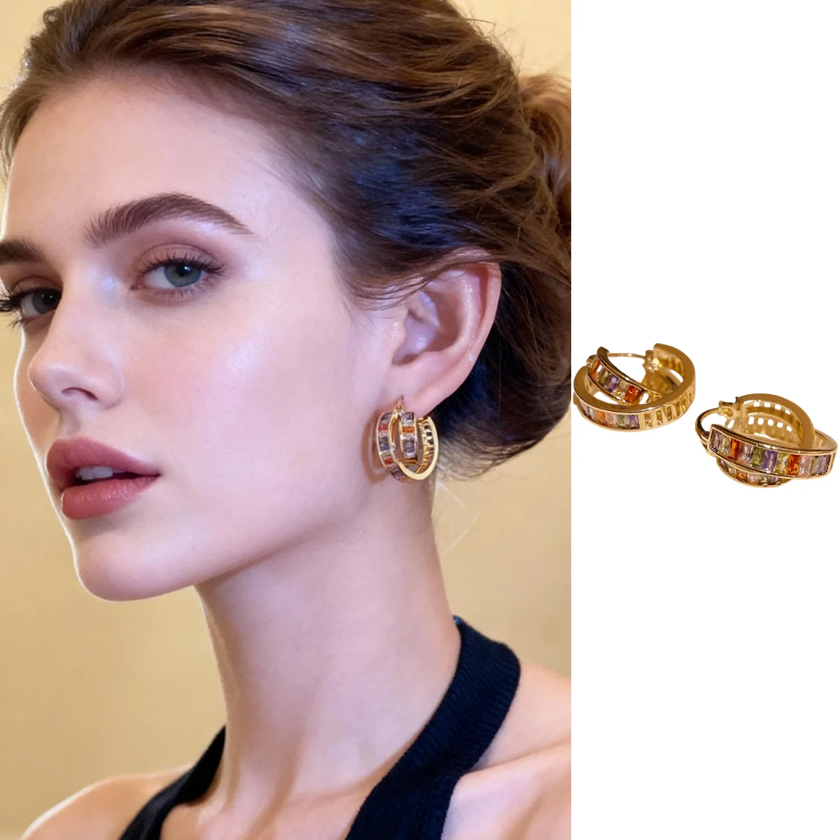 

Cross-shaped openwork 18K gold-plated ear cuffs Vintage court-inspired earrings Luxurious and sophisticated ear accessories