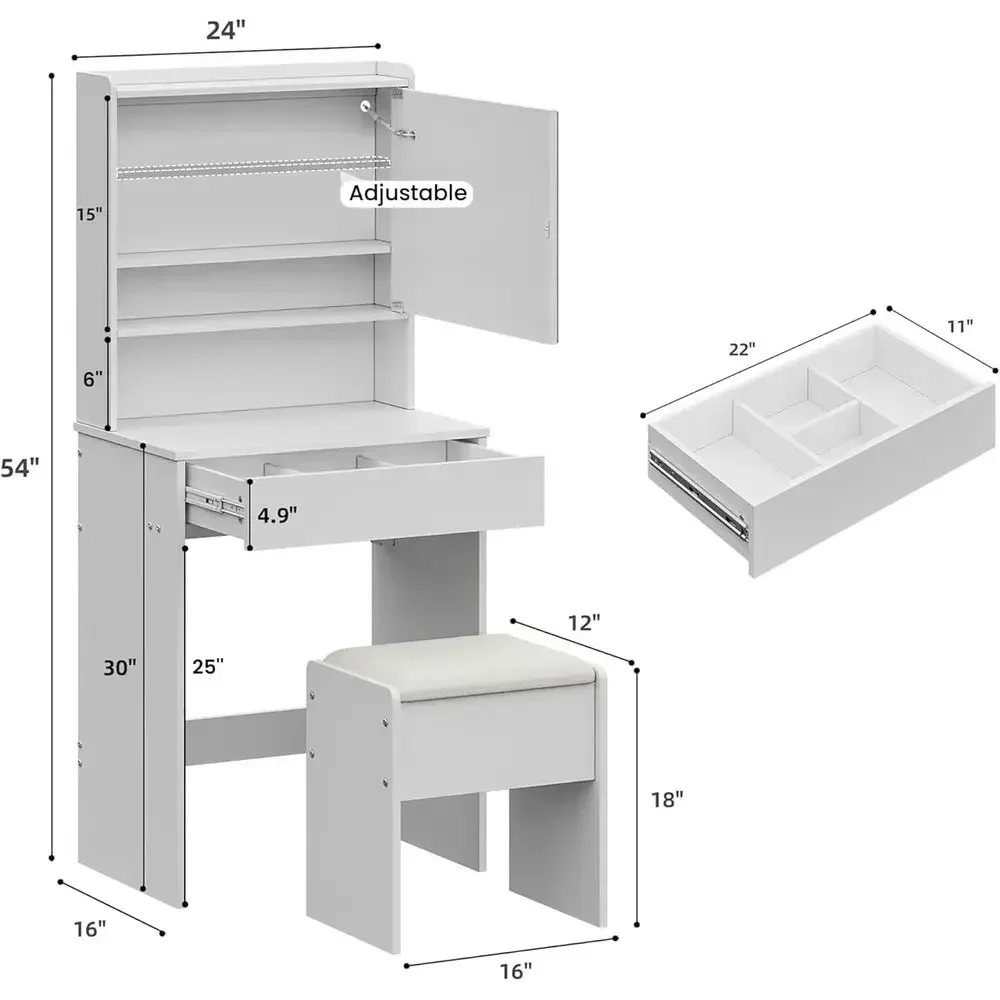 24 White Lighted Mirror Vanity Desk with Charging Station and Storage for Girls & Teens