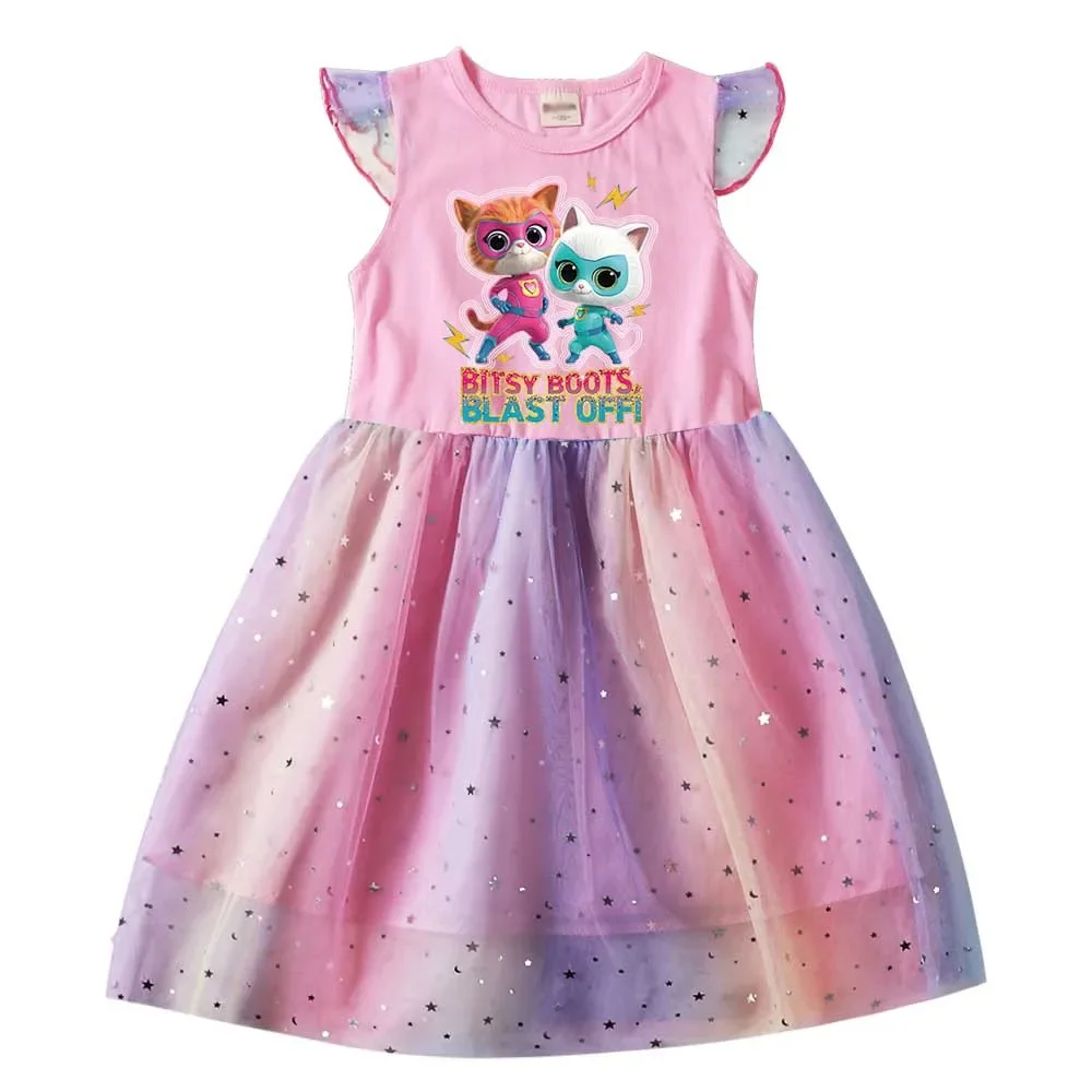 New Cute Superkitties Clothes Baby Girls Short Sleeve Dresses Kids Birthday Party Lace Mesh Dress Cartoon Cats Birthday Vestidos