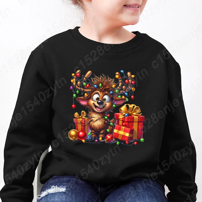 Christmas Light Reindeer Round Neck Sweatshirts Children Casual Long Sleeve Hoodless Pullovers Kids Boys Girls Popular Soft Tops