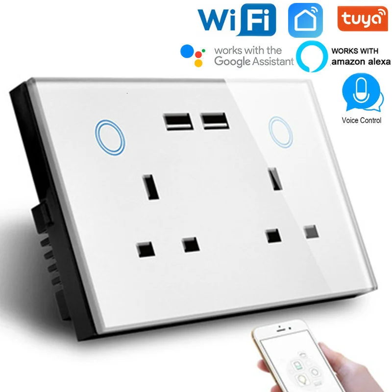 

2 gang UK 13A Touch switch plug sockets Double USB socket WIFI Intelligent socket with usb 2.0 compatible alexa google assistant