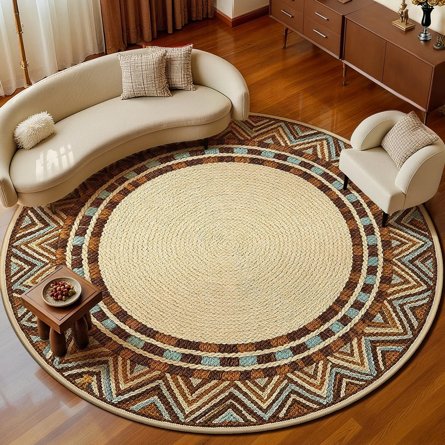 Mid-century Modern Style Round Carpet Living Room Faux-woven Texture Printed Rugs Washable Non-slip Bedroom Floor Mat Chair Mats