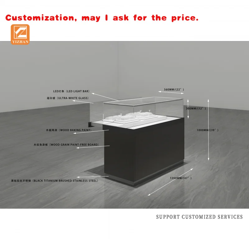 custom.Jewelry Customized Black Luxury Glass Display Cabinet Showroom Boutique Jewelry Store Counter Display with LED Light
