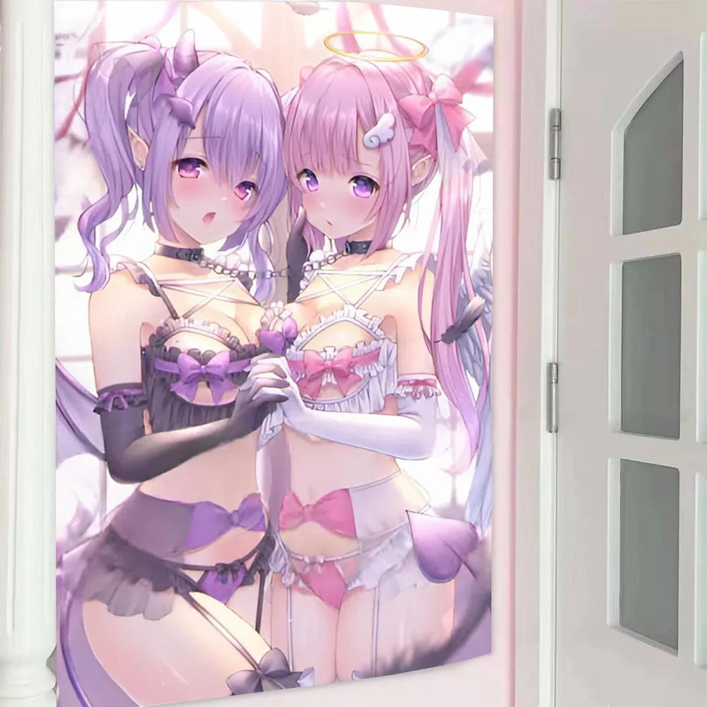 2D Kawaii Angel Devil Twin Anime Girls Tapestry Gothic Wall Hanging Aesthetic Room Decor Background Cloth for Bedroom Dorm Fans