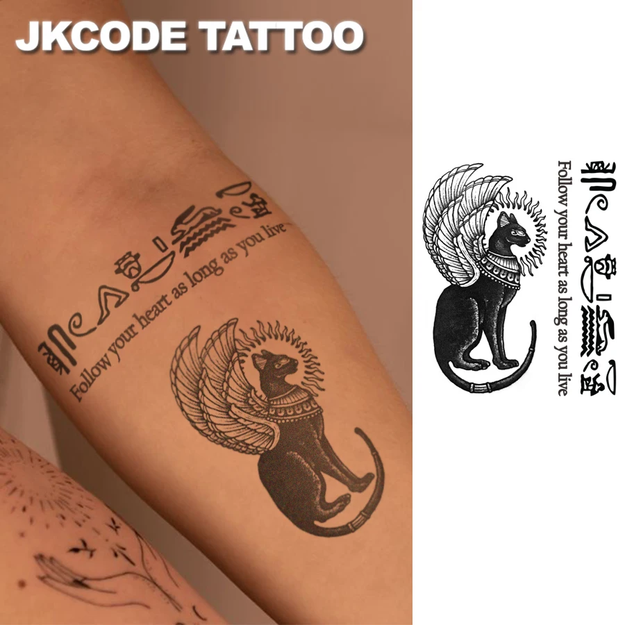 Herbal finger tattoo sticker in ancient Egyptian style CUTE Design - Hieroglyphic pattern - Best god black cat - Hieroglyphic totem with the English phrase 