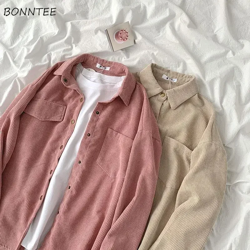 

Shirts Women Autumn Pockets Blusas Japanese Button Fashion Camisa Solid Single-breasted College Simple Turn-down Collar Office