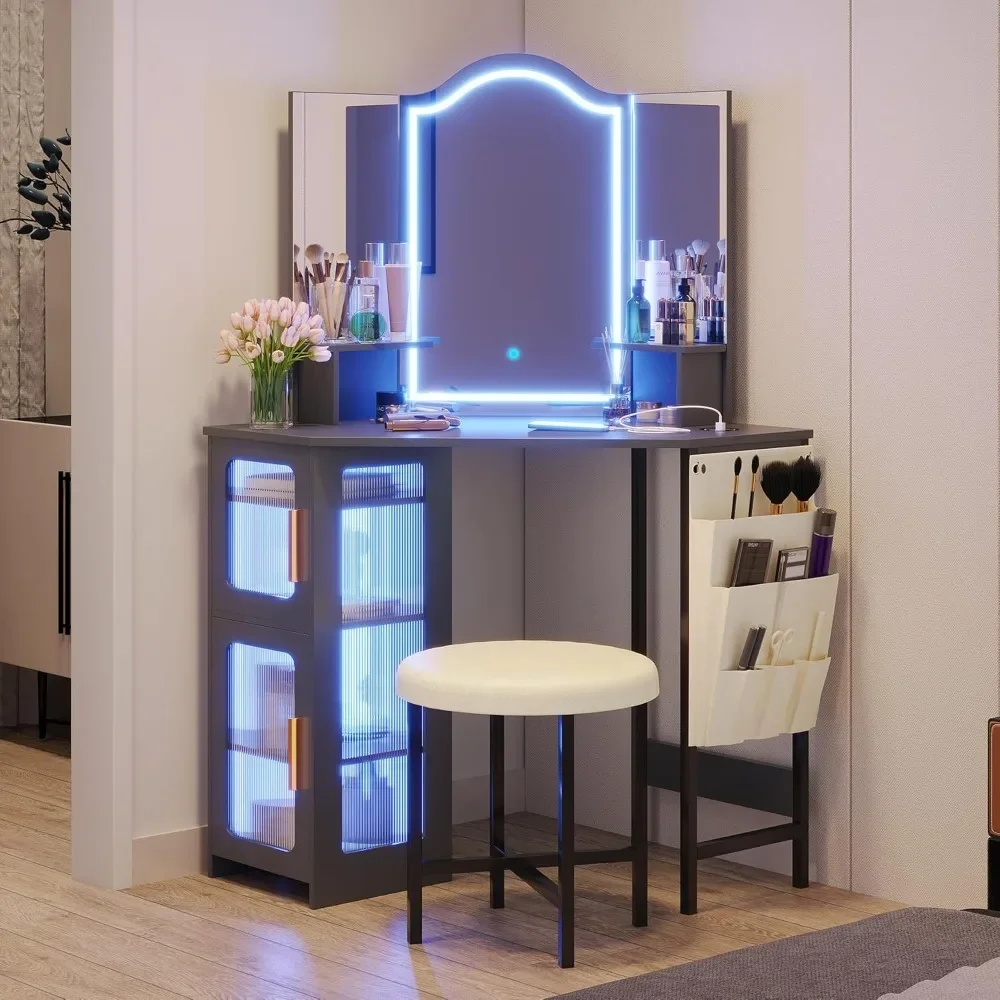 Vanity Desk with Mirror and Lights,  with Charging Station, Dressing Table with 3 Lighting Options, Vanity Set with Stool