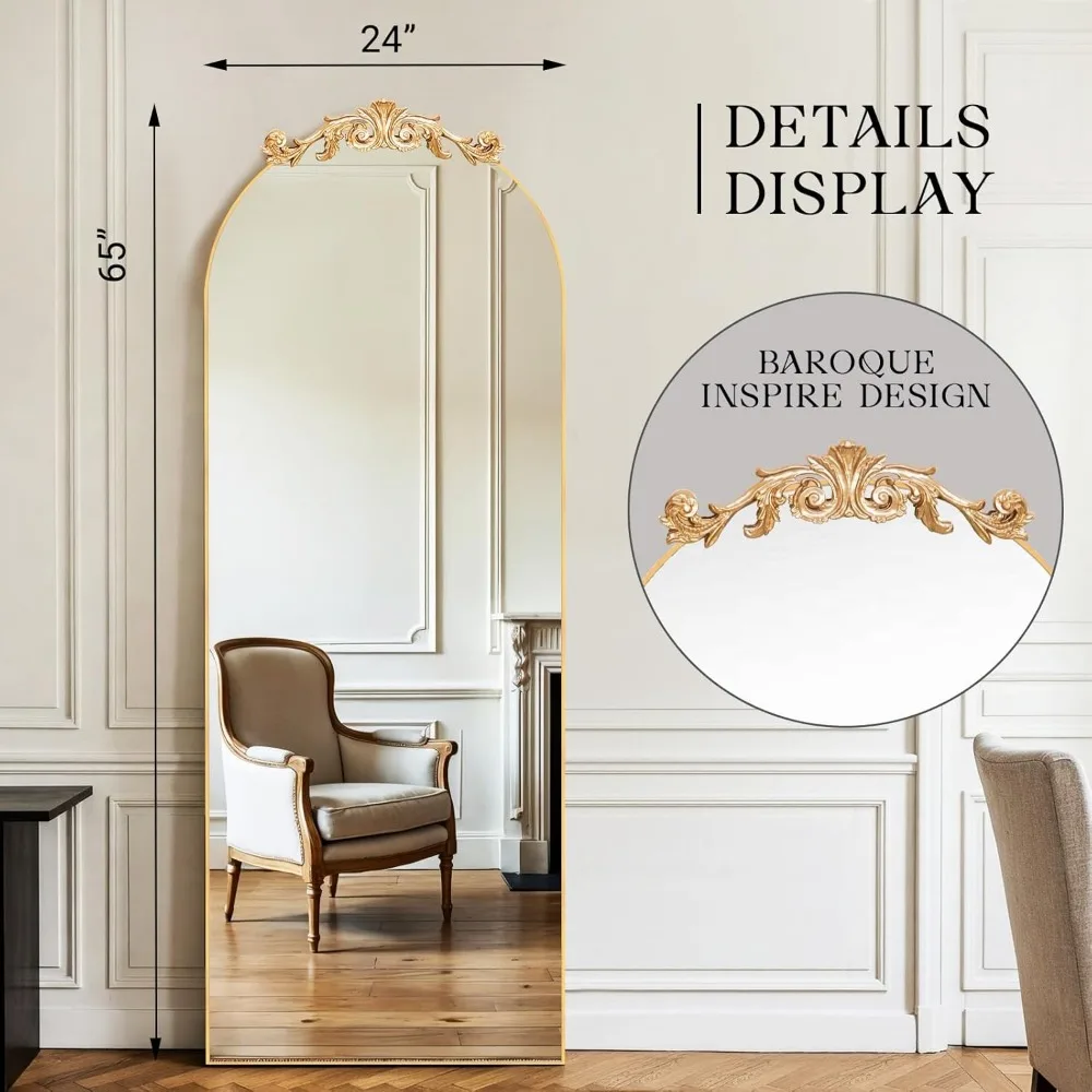 Antique Large Arched Full Body Mirror 65x24 Freestanding French Carved Top Vintage Baroque Style