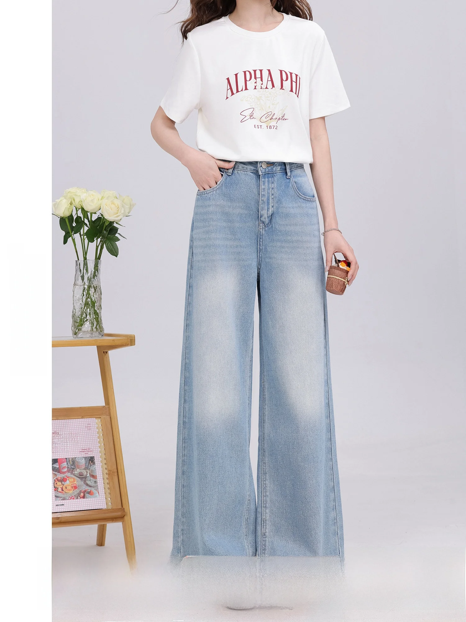 

High Waist Floral Trim Wide Leg Denim Jeans Commute Vintage Style Women's Summer Fashionable Breathable Blue Jeans