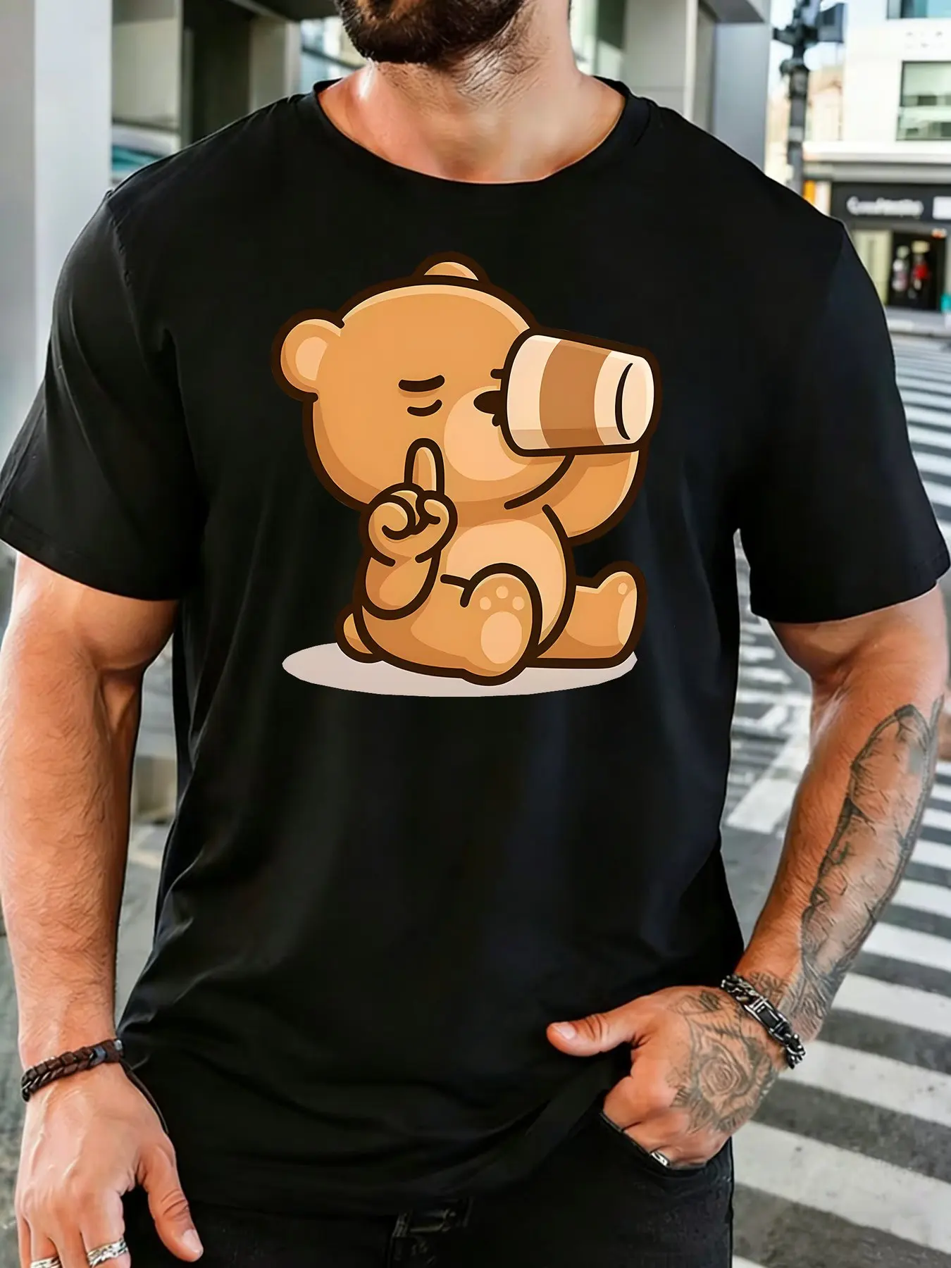 Male White Round Neck T Shirt Sleepy Brown Bear Sip Coffee Mug Quiet Sign Lovely Coffee Lover Cartoon Daily Cotton Tee