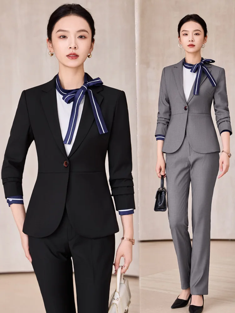 

Синий женский костюм для весны и осени, профессиональная униформа для администраторов в отелях и ювелирных магазинах, рабочая одежда.