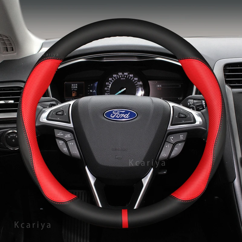 

No Smell Thin For Ford Mustang Steering Wheel Cover Genuine Leather Carbon Fiber Fit 2.3 EcoBoost 5.0 V8 GT 2019 2020 2021 2022