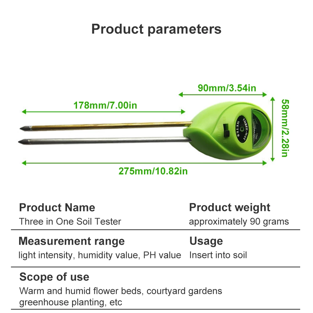 Soil PH Meter Tester 3 in 1 PH Moisture meter Temperature Sunlight Intensity measurement Analysis Soil Acidity Test Soil Tester