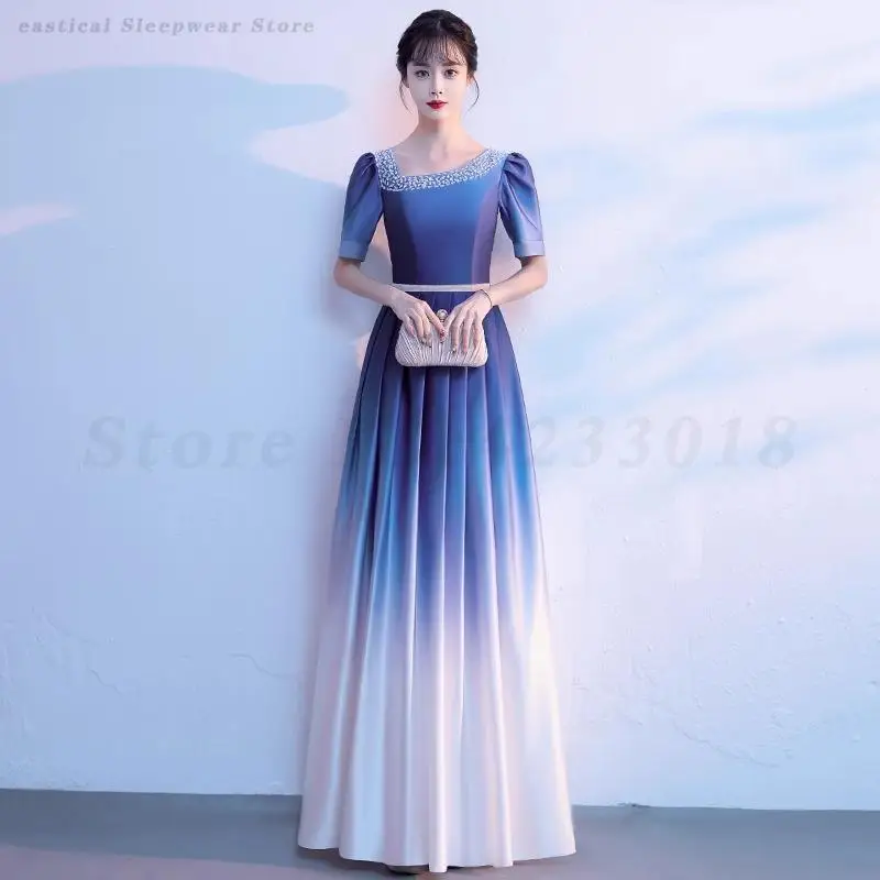 Blue Song Grand Choir Performance Dress Adult Female Qipao Poetry Recitation Host Command Temperament Beautiful Evening Skirt