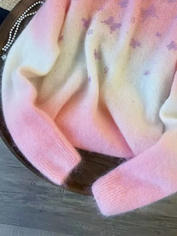 سترة وردية متدرجة للنساء سترات خريف وشتاء موضة جديدة رقبة مستديرة تريكو علوية بأكمام طويلة بلوفرات محبوكة #4