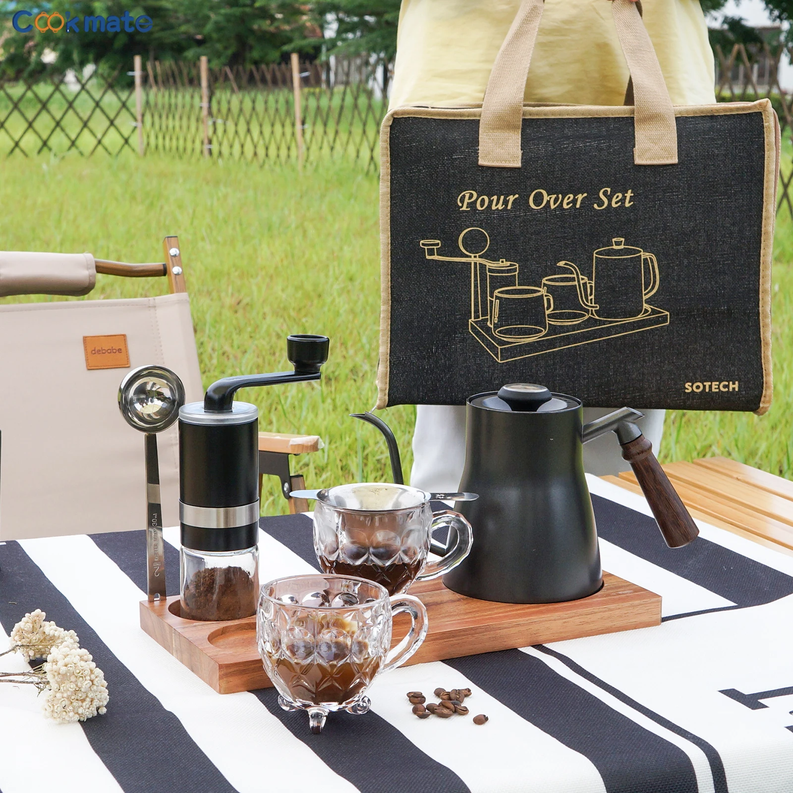 

Amazing Coffee punch set!Portable sack,wooden tray,hand pot with thermometer,glass bean grinder,etc,perfect for home and outdoor