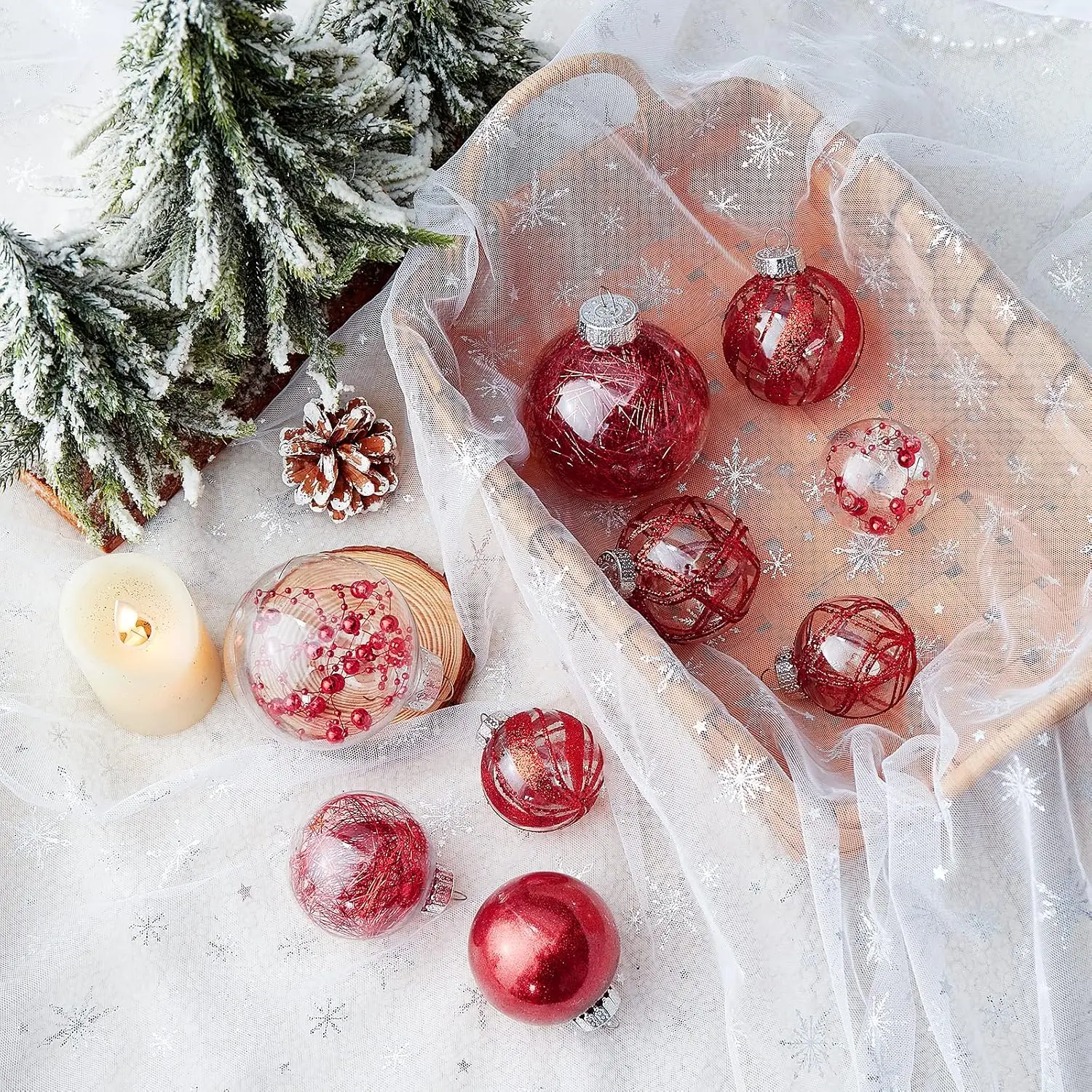 Clear Christmas Ball Ornaments,24ct Shatterproof Plastic Decorative Christmas Ornaments Hanging Xmas Tree Baubles Set with Stuffed Delicate Glittering Decorations for Holiday Party Home Decor (Red)