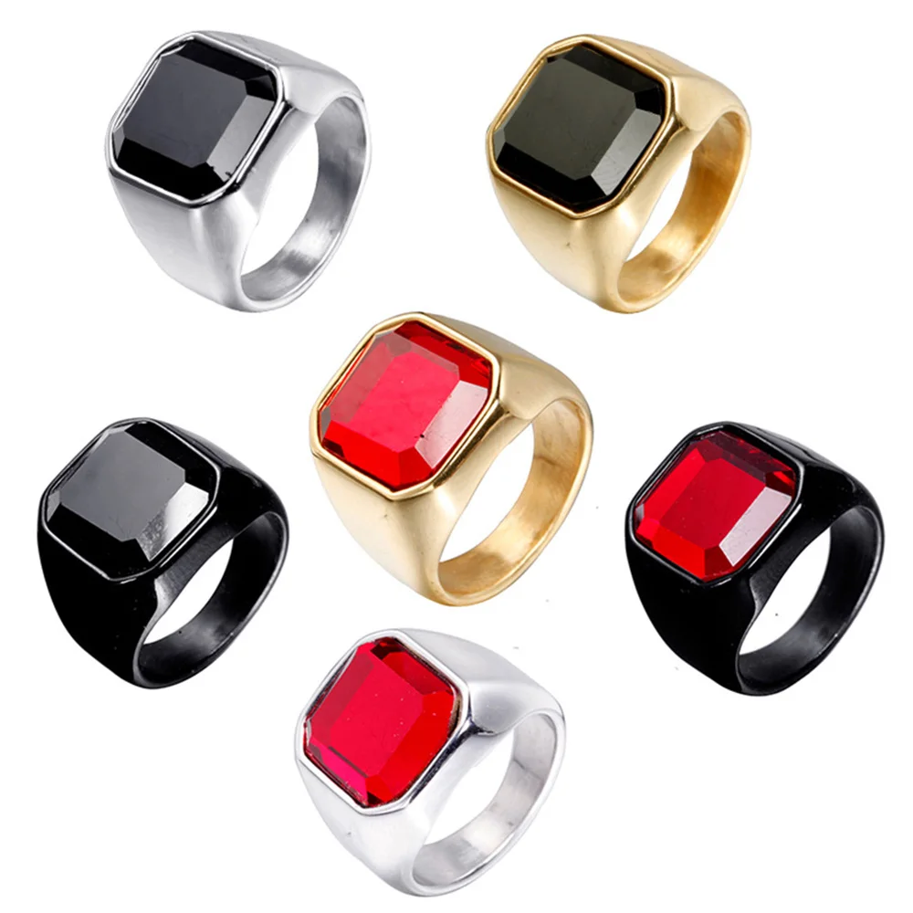 Fashionable European And American Simple Square Personalized Multi-color Gemstone Men\'s Titanium Steel Ring