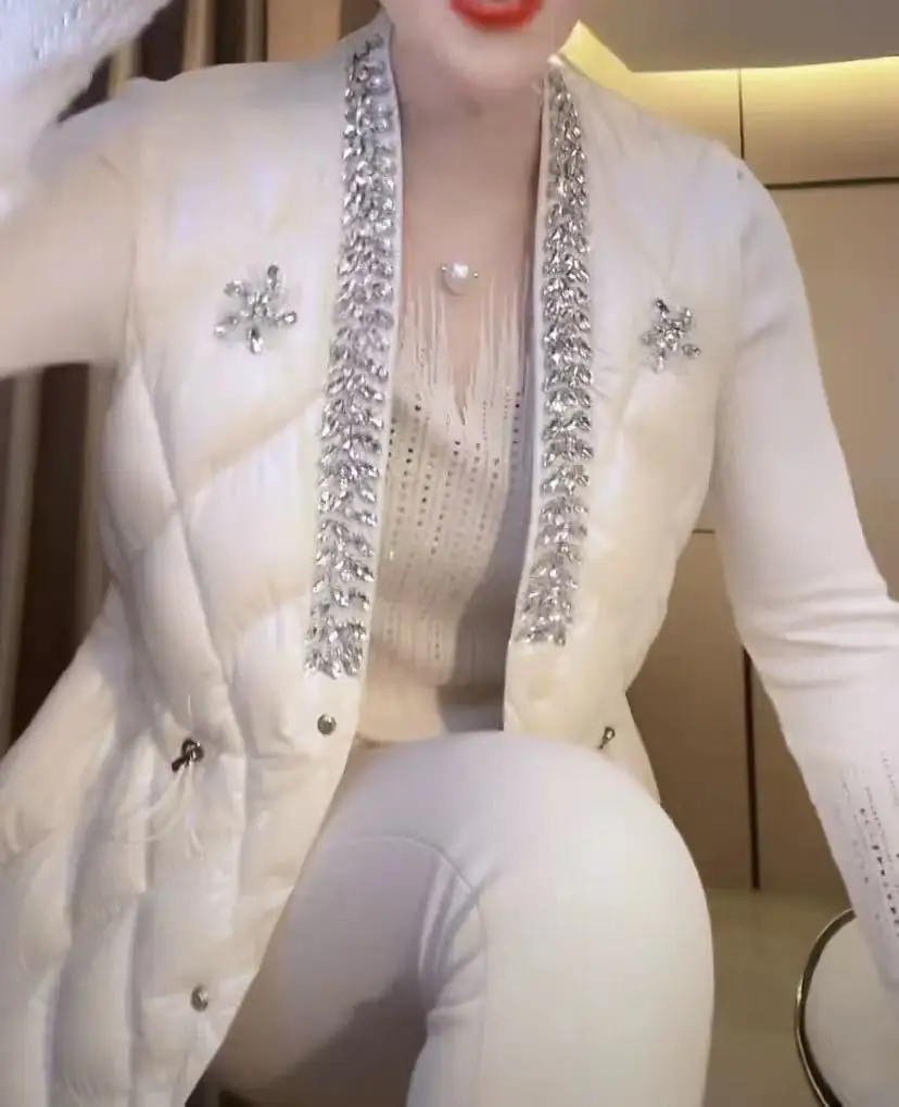 الفاخرة البريق الماس الخريف الشتاء المرأة سليم صالح سترة سترة القطن سترة مبطنة الإناث أكمام صدرية دافئة القمم