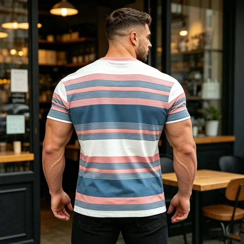 Retro Men's Color Block Horizontal Stripe T-Shirt in Pink, Blue, and White with Contrast Design, Perfect for Urban Office and Ca