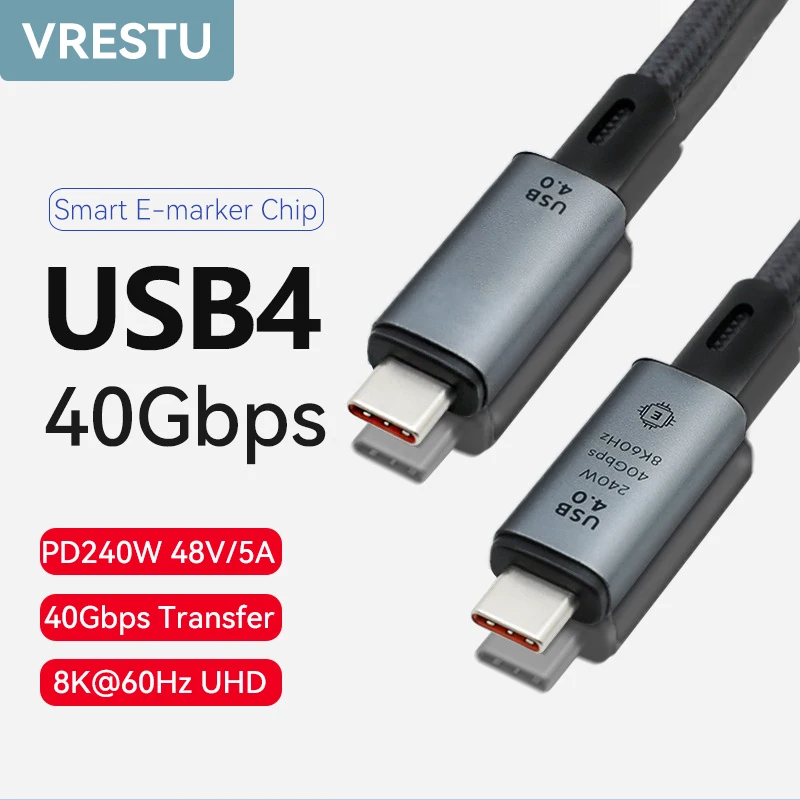 USB 4.0 Cable 40Gbps 240W  Type C Fast Charging USB C to C Data Line Hi-Speed Transfer 8K@60Hz Cord for Thunderbolt 4 3 Macbook