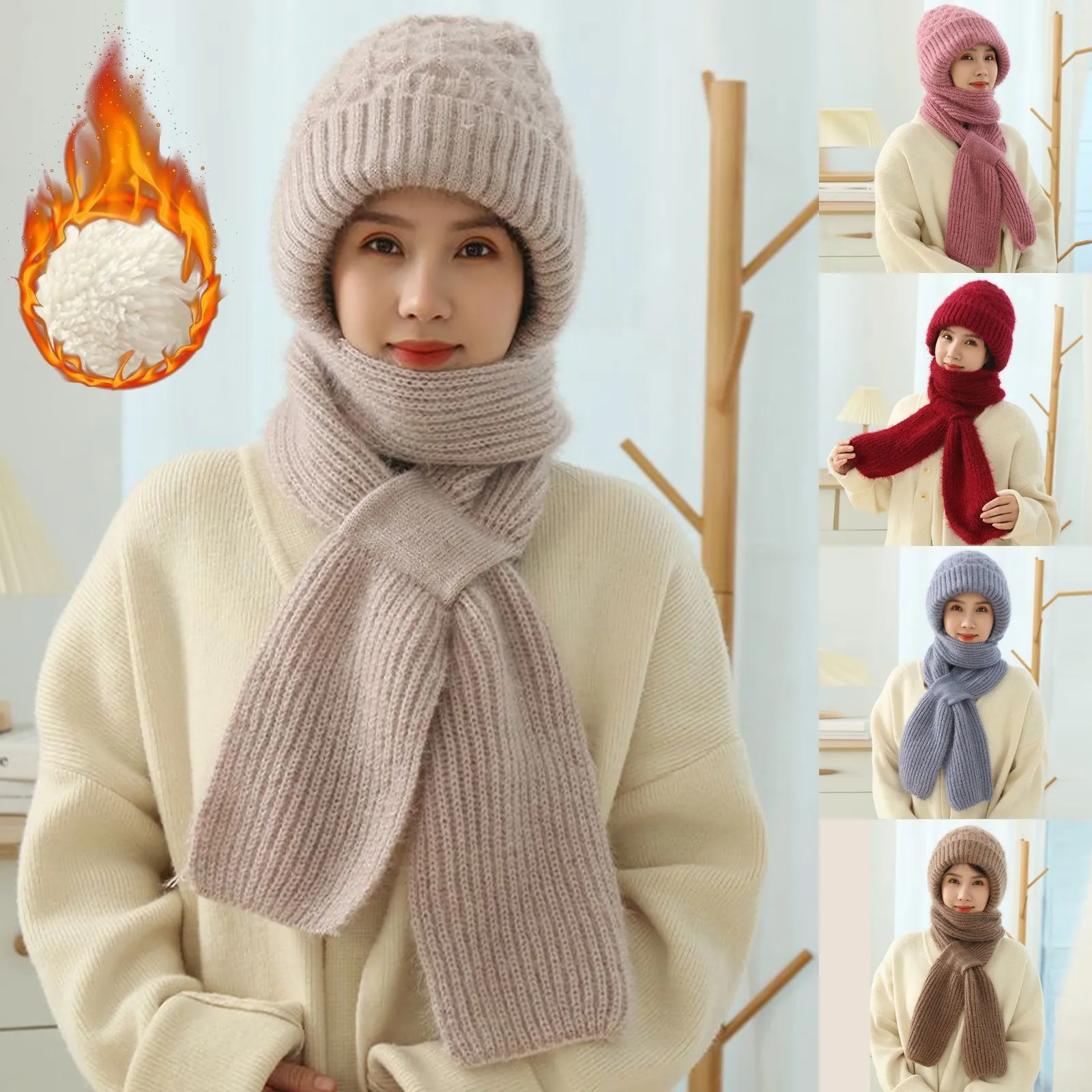 

Hat Scarf Set All In One Knitted Women Winter Plush Hat Scarf Thickened Warm Hooded Ear Protection Outdoor Ski Female Beanie Cap